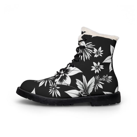 Floral Fur-Lined Leather Boots — Black & White Winter Combat Boots
