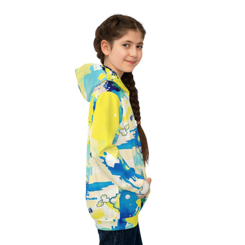 Kids Abstract Watercolor Hoodie – Blue & Yellow All-Over Print