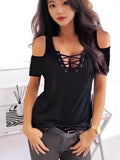 Lace Up Cold Shoulder T-Shirt