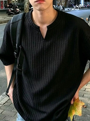 Men's Plus Size Casual Notched Ribbed T-Shirt
