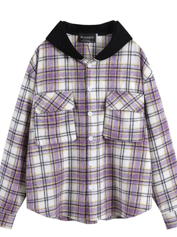 Men's Plaid Button Up Hooded Shirt