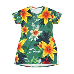 Tropical Floral T-Shirt Dress — Green Hibiscus All-Over Print