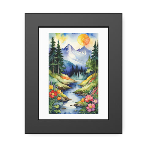 Framed Mountain Watercolor Poster – Floral Forest Landscape Wall Art
