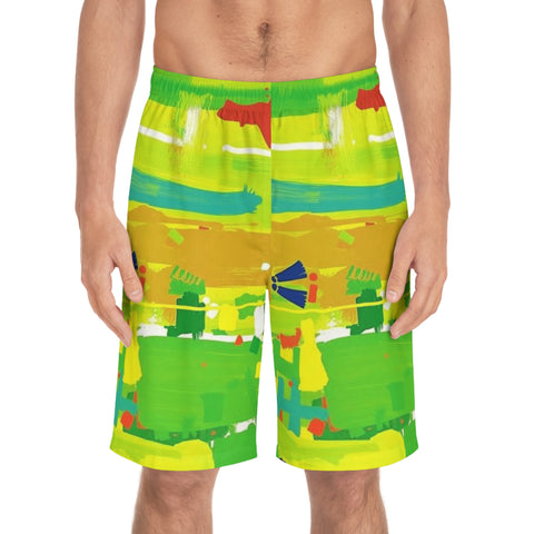 Men's Vibrant Abstract Board Shorts — Tropical Green AOP