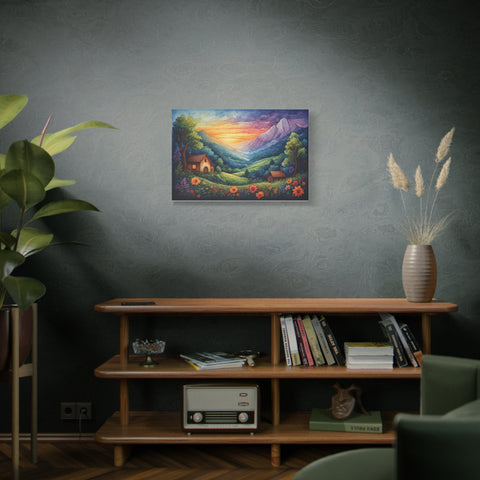 Sunset Valley Landscape Canvas Print — Cottage, Mountains & Wildflowers Matte Stretched