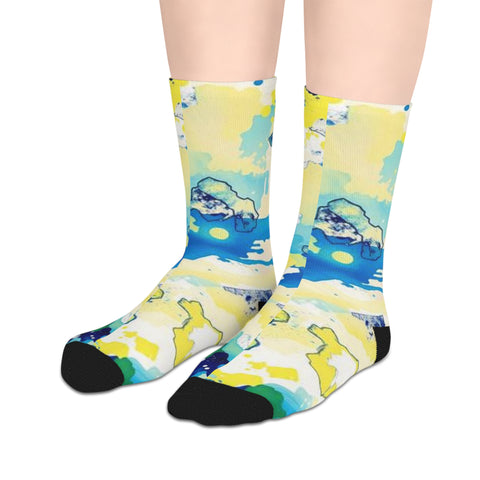 Abstract Blue & Yellow Mid-Length Socks — Artistic Watercolor Pattern