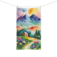 Scenic Watercolor Cottage Hand Towel — Floral Mountain Landscape