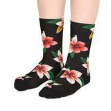 Tropical Plumeria Mid-Length Socks — Floral Black Crew Socks