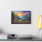 Sunset Valley Landscape Canvas Print — Cottage, Mountains & Wildflowers Matte Stretched