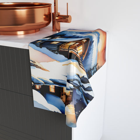 Hand Towel — Cozy Winter Cabin Landscape | Mountain Lodge Snow Scene