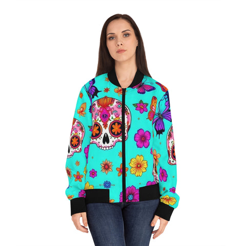 Day of the Dead Floral Bomber Jacket — Sugar Skull & Butterflies