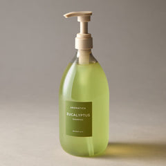 Green shampoo bottle with pump labeled 'Eucalyptus' on a beige background