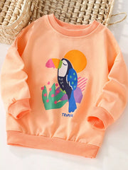 Children's peach sweatshirt with toucan design on a white background