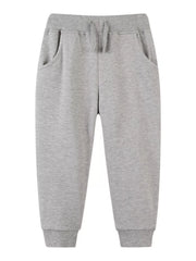 Light gray heather jogger sweatpants with an elastic drawstring waist, side pockets, and ribbed ankle cuffs, shown flat on a white background.