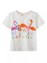 White t-shirt with colorful flamingo design on a white background