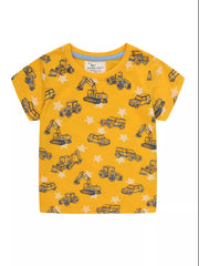 Yellow t-shirt with construction vehicle pattern on a white background