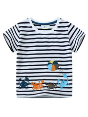 Striped t-shirt with sea creature designs on a white background