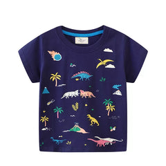 Navy blue t-shirt with colorful dinosaur and nature pattern on a white background