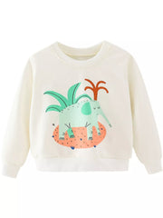 Children's sweater with a colorful dinosaur design on a white background