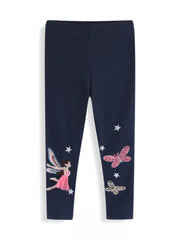 Navy leggings with fairy and butterfly designs on a white background