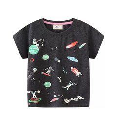 Black t-shirt with space-themed graphics on a white background