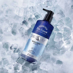 Dr. Groot shampoo bottle on a bed of ice cubes