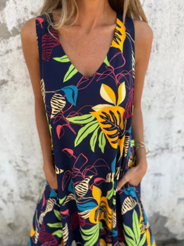 Full Size Printed V-Neck Sleeveless Dress Plus Size
