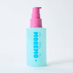 Light blue bottle with pink pump on a white background