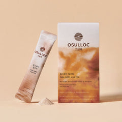 Osulloc Earl Grey Milk Tea packaging and product on a beige background