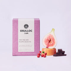 OSULLOC Fig Apple Black Tea packaging with a sliced fig, apple, and chocolate on a light purple background
