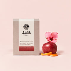 Osulloc skincare product box with an apple and pink flower on a pink background