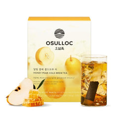 OSULLOC honey pear cold brew tea packaging with a glass of iced tea on a white background