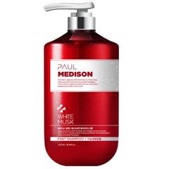 Red shampoo bottle with white pump labeled 'Paul Medison' on a white background