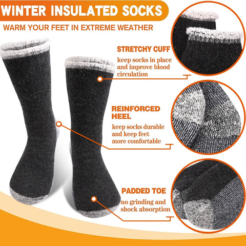 3 Pairs Merino Wool Thermal Socks for Men – Super Thick Winter Crew Socks with Fleece Terry Lining