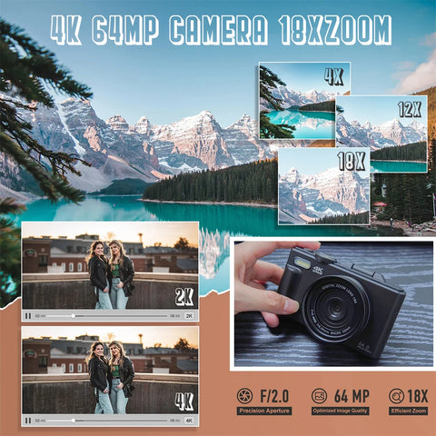 AUSEK 4K Vlogging & Photography Camera – 64MP Compact Digital Camera with 18X Digital Zoom, 3" Flip Screen, Wi-Fi, and Flash