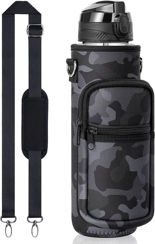32 oz Motivational Water Bottle with Sleeve – Leakproof BPA-Free Bottle with Straw, Time Marker & Adjustable Strap Carrier (1L)