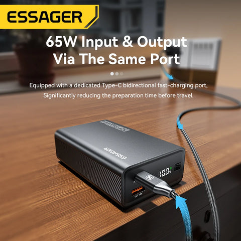 Essager 20000mAh 65W PD Power Bank – Fast Charging Portable Battery with Built-in Cables & LED Lamp