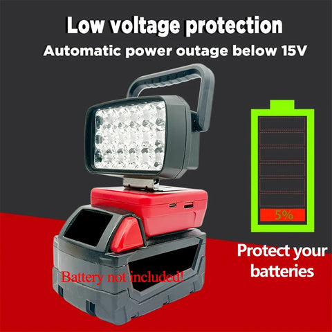 18-LED Portable Work Light – Compatible with Makita, Milwaukee & DeWalt 18V/20V Batteries – 1500LM Spotlight Torch with USB Output