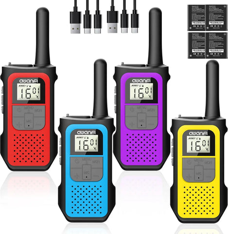 AWANFI Rechargeable Walkie Talkies (2/3/4-Pack) – Long Range 2-Way Radios with 16 Channels, VOX, USB-C Charging – Ideal for Kids & Adults, Outdoor Camping & Hiking