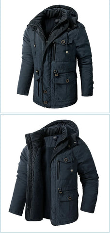 Men’s Hooded Winter Jacket – Thick Lamb Fleece Lining, Multi-Pocket,