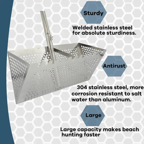 Premium Stainless Steel Sand Flea Rake & Beach Sand Scoop – 16" Wide, Anti-Rust, Ergonomic Design for Treasure Hunting & Metal Detecting