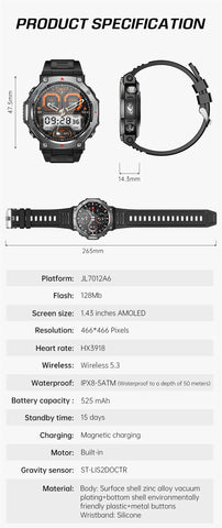 LIGE 2025 KT85 Outdoor Smartwatch – 1.43" AMOLED Display, Long Battery Life, Fitness & Health Tracker for Men