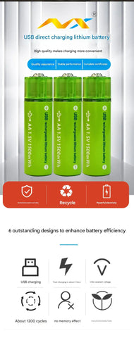USB Rechargeable AA Lithium Batteries (4-Pack) – 1.5V 1500mWh Fast-Charge, Long-Lasting with Storage Case