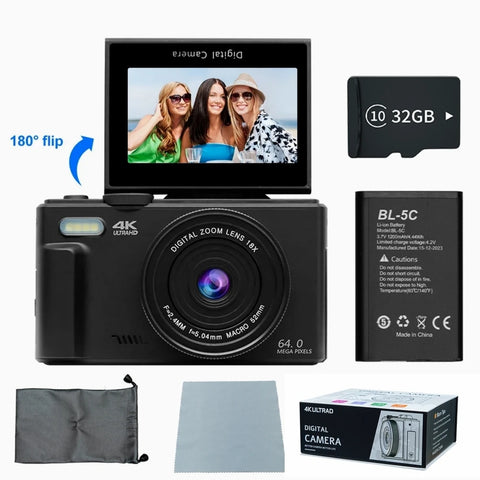 AUSEK 4K Vlogging & Photography Camera – 64MP Compact Digital Camera with 18X Digital Zoom, 3" Flip Screen, Wi-Fi, and Flash
