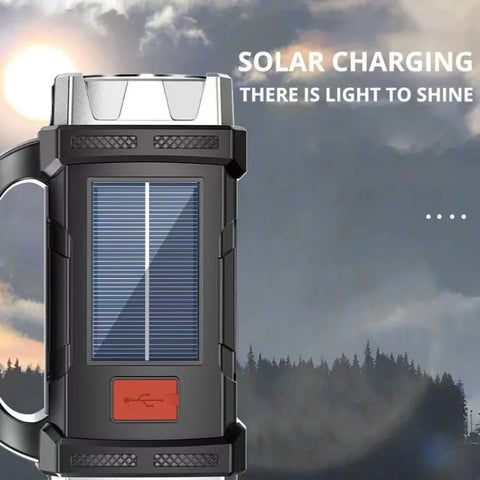 Powerful LED Flashlight – USB + Solar Rechargeable Camping Torch & Power Bank