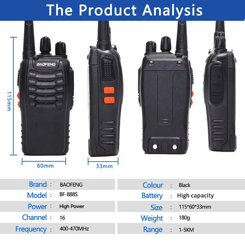 2 or 4 Pack Baofeng BF-888S V2 UHF Long-Range Walkie Talkies – 16-Channel Portable Two-Way Radios (400–470MHz, 5–10W, High-Capacity Battery)