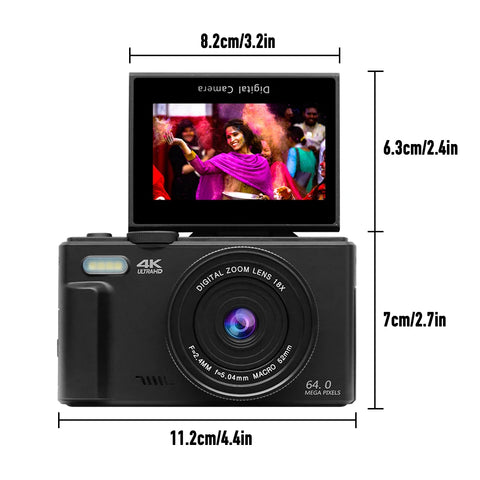 AUSEK 4K Vlogging & Photography Camera – 64MP Compact Digital Camera with 18X Digital Zoom, 3" Flip Screen, Wi-Fi, and Flash