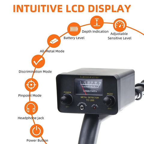 TC-200 Advanced Metal Detector – Adjustable Underground Gold & Metal Tracker with Waterproof Search Coil