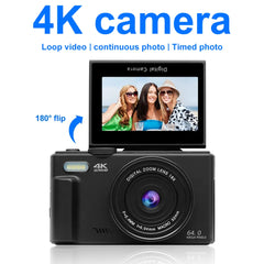 AUSEK 4K Vlogging & Photography Camera – 64MP Compact Digital Camera with 18X Digital Zoom, 3" Flip Screen, Wi-Fi, and Flash