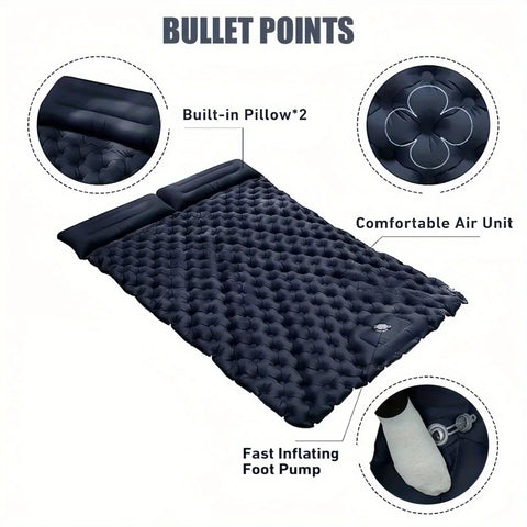 Double Camping Air Mattress with Built-In Pillows – Ultralight Inflatable Sleeping Pad for 2 – Waterproof, Compact & Durable